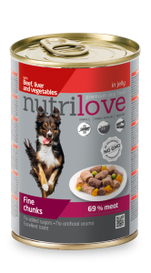 NUTRILOVE KAWAŁKI Z WOŁOWINĄ  , WĄTRÓBKĄ I WARZYWAMI W GALARETCE - PUSZKA DLA PSA 415 G 